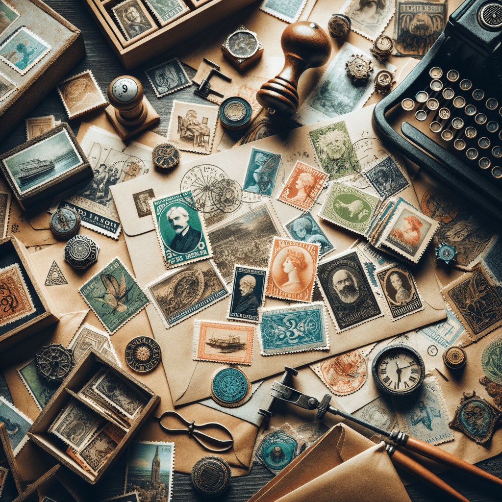 vecchi francobolli sparsi su un tavolo tra raccoglitori di francobolli e buste di carta