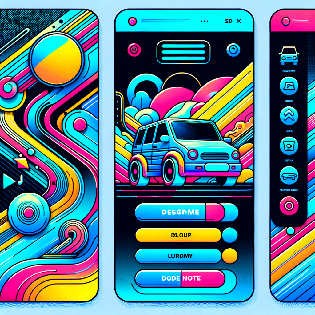 Design a cartoon-style onboarding screen for a car rental app with a vibrant, eye-catching gradient background. The background should smoothly transition between bright colors like electric blue, neon pink, and vivid yellow, creating an energetic and modern feel. Incorporate playful, bold outlines around the elements to give them a cartoonish yet sleek appearance. Include abstract shapes, soft curves, or lines that convey movement, to match the theme of a dynamic and fun car rental service. The design should feel welcoming and engaging, with large, legible text placeholders and intuitive icons. The overall layout should feel clean, energetic, and user-friendly, suitable for an app’s first screen that encourages users to sign up or explore. Design a cartoon-style onboarding screen for a car rental app with a vibrant, eye-catching gradient background. The background should smoothly transition between bright colors like electric blue, neon pink, and vivid yellow, creating an energetic and modern feel. Incorporate playful, bold outlines around the elements to give them a cartoonish yet sleek appearance. Include abstract shapes, soft curves, or lines that convey movement, to match the theme of a dynamic and fun car rental service. The design should feel welcoming and engaging, with large, legible text placeholders and intuitive icons. The overall layout should feel clean, energetic, and user-friendly, suitable for an app’s first screen that encourages users to sign up or explore.