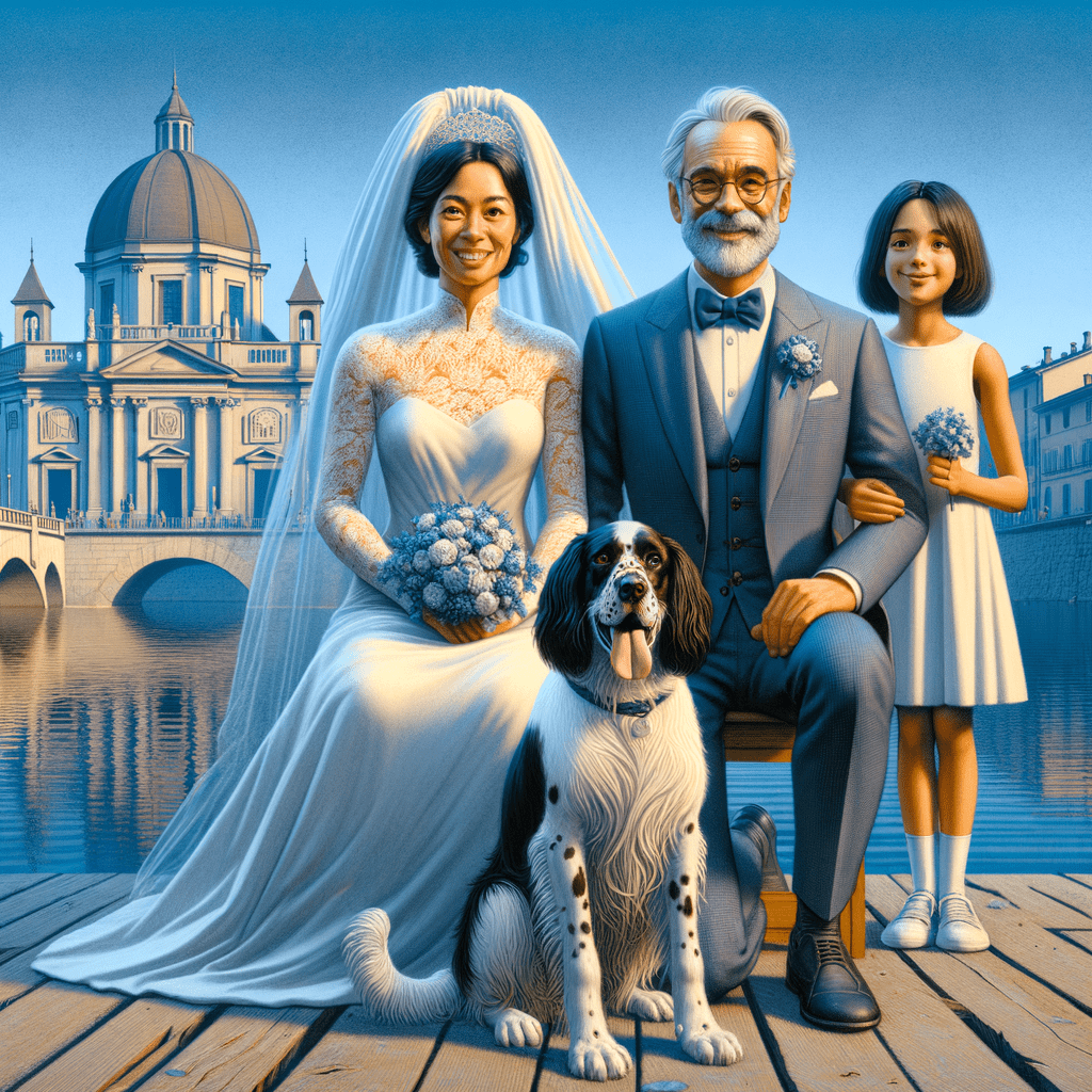 Un matrimonio sulle sponde del fiume Po vicino a Torino (Italia) tra due cinquantenni molto giovanili che hanno una figlia di 14 anni e un cane setter bianco e nero