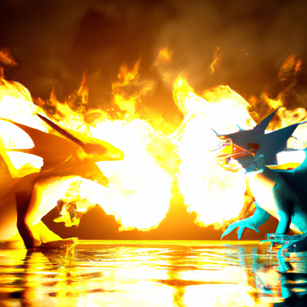 creami un'immagine di un pokemon tipo fuoco con sembianze di drago che lotta contro un pokemon di tipo acqua