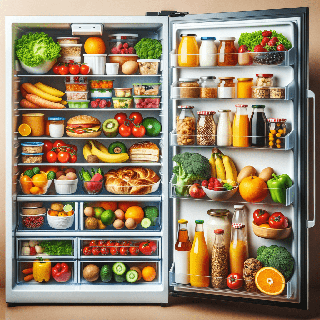 frigorifero aperto con alimenti divisi per scomparti